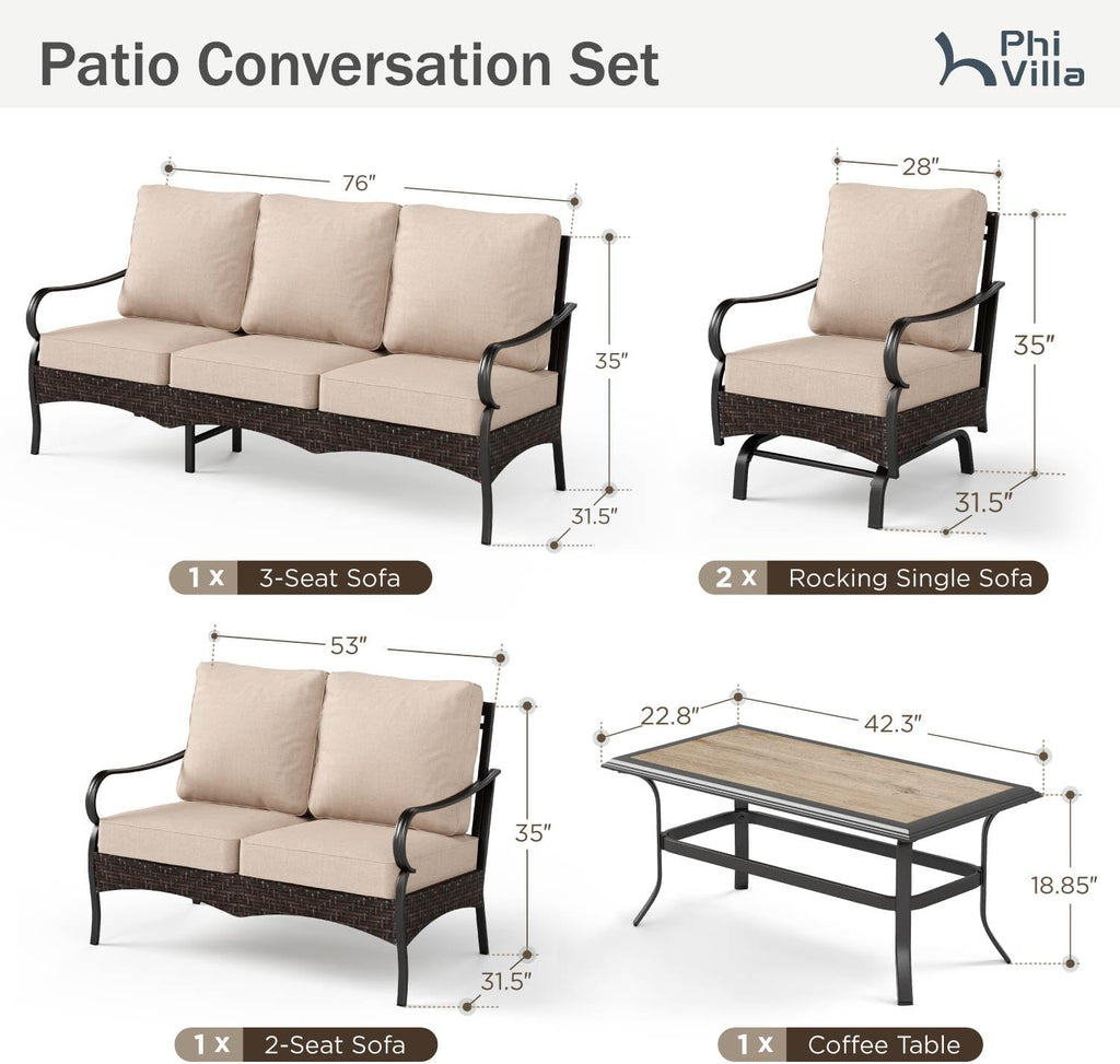 PHI VILLA Outdoor Modern Patio Furniture Set, Upgraded Wicker & Metal Patio Conversation Set with Waterproof Thick Cushions for Porch, Poolside, Yard (5 Pieces,Beige)