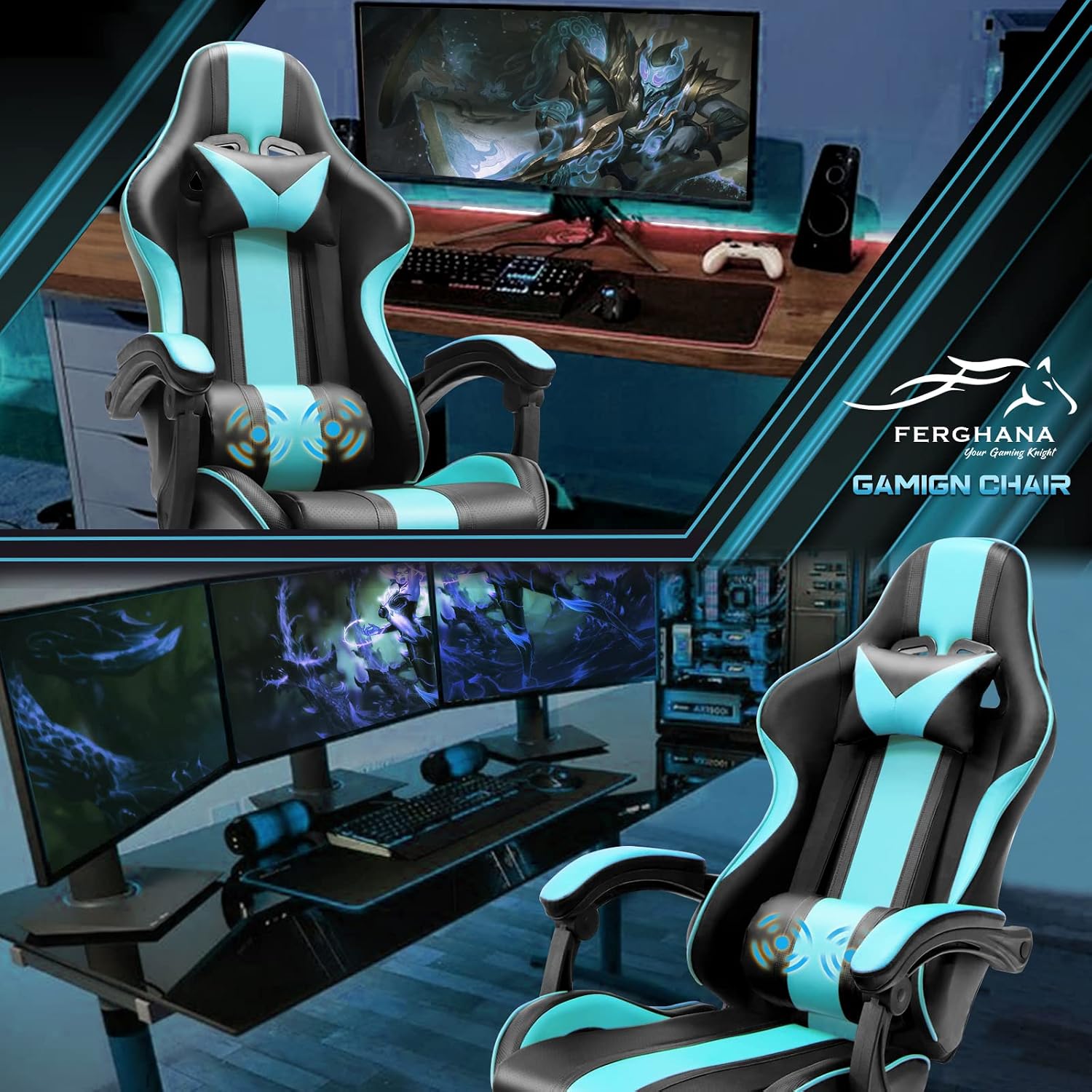 Ferghana Gaming Chairs, Ergonomic Racing Style PC Game Computer Chair with Headrest Lumbar Support Adjustable Recliner PU Leather Video Computer Chair(Lake Blue)