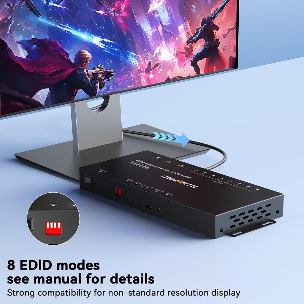 CENMATE 1x8 HDMI Extender Splitter, Up to 165FT Over CAT5e/6/7, 8 Channel Transmission with 1 HDMI Loop Out, Supports IR, 3D, HDCP, EDID, POC