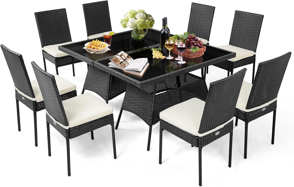 Tangkula 10 Pieces Wicker Patio Dining Set, Outdoor Rattan Table & Chairs Set with Padded Cushions, Patio Furniture Dining Glass Table Set for Balcony Patio Garden Poolside