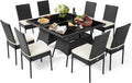 Tangkula 10 Pieces Wicker Patio Dining Set, Outdoor Rattan Table & Chairs Set with Padded Cushions, Patio Furniture Dining Glass Table Set for Balcony Patio Garden Poolside