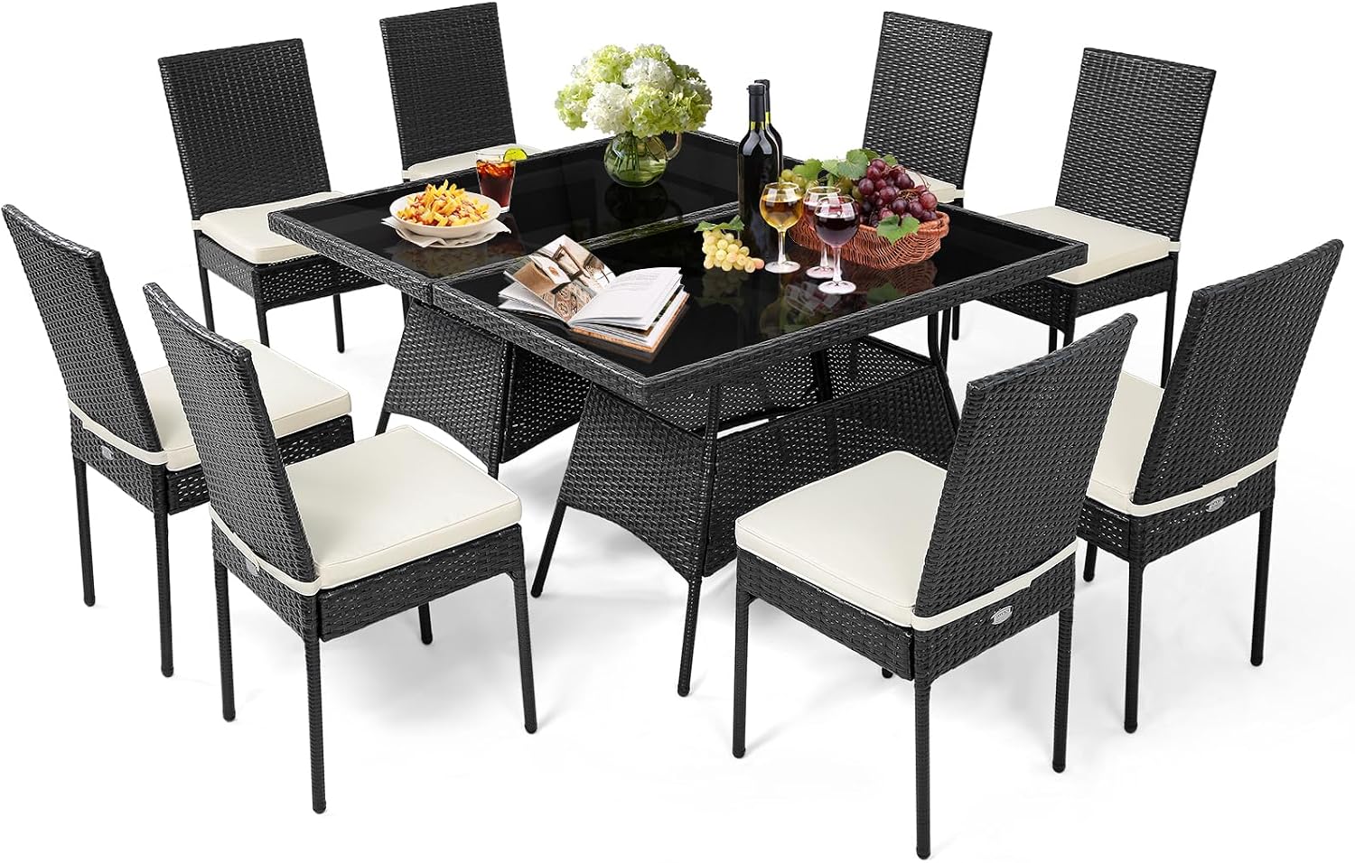 Tangkula 10 Pieces Wicker Patio Dining Set, Outdoor Rattan Table & Chairs Set with Padded Cushions, Patio Furniture Dining Glass Table Set for Balcony Patio Garden Poolside