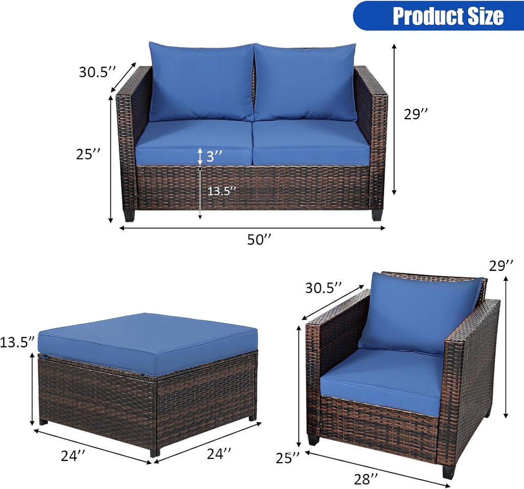 Tangkula 5 Pieces Rattan Patio Furniture Set, Outdoor Sectional Wicker Sofa Set with Loveseat, 2 Single Sofas, 2 Ottomans & Removable Cushions, Outside Daybed Sofa for Yard, Garden, Poolside (Navy)