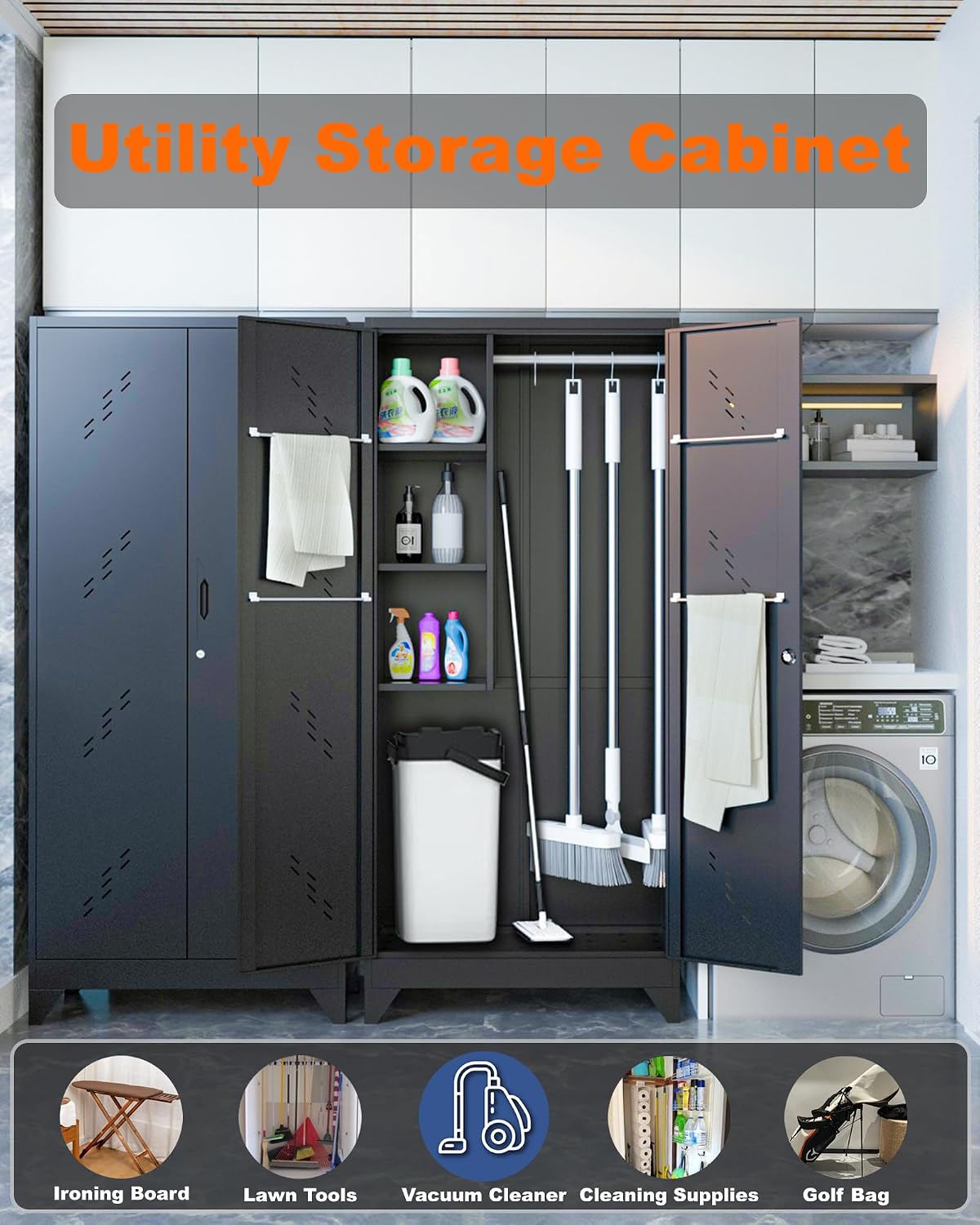 75' Metal Storage Cabinet with Lockable Doors, Functional Garage Storage Cabinets, Heavy-Duty Tool Organization Cabinet with Hanging Rod & S-Hooks (75' Utility Closet)