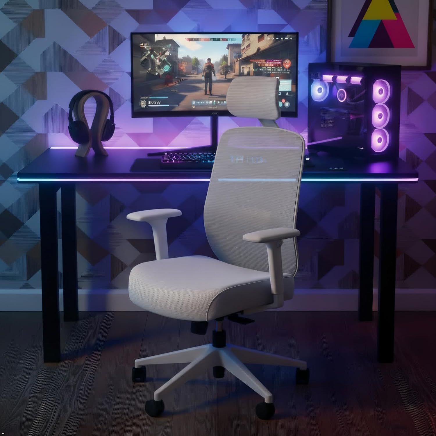 HON Altern Ergonomic Office Chair with Headrest, Mid‑Back Mesh Desk Chair, Adjustable Arms, Seat Slide, Synchro‑Tilt, Rolling Computer Seat for Home Office, White Frame, Black