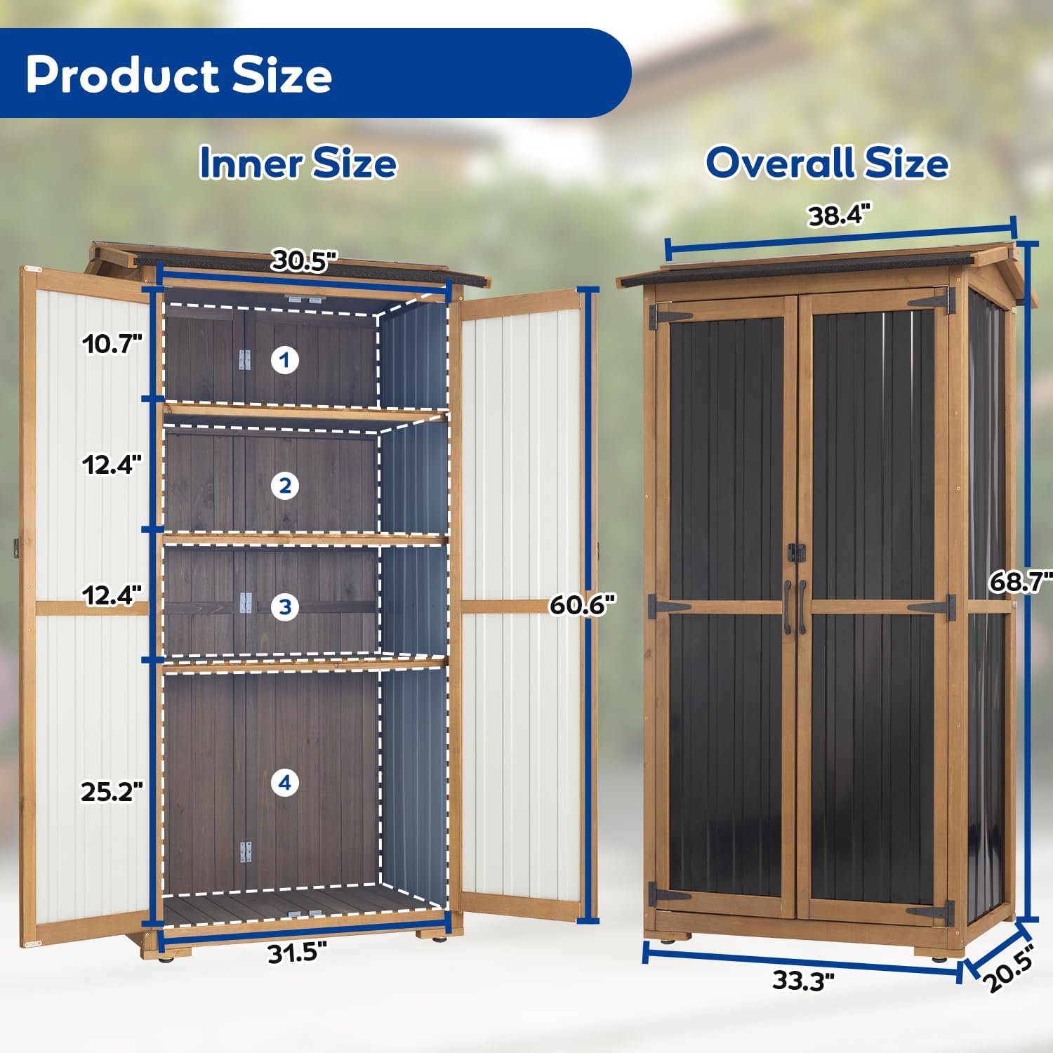 Storage Cabinet Outdoor Garage Cabinets with 3 Adjustable Shelves, Lockable Door, Wood & Metal Weather-Resistant Pantry Cabinet for Patio Garden Home Farm (33.3' Lx 21' Wx 69' H)