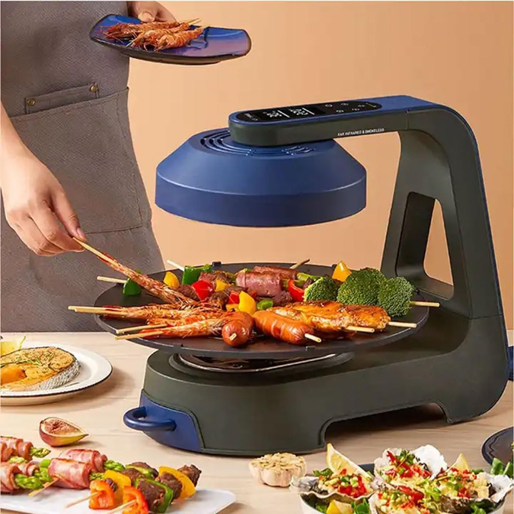 2024 New Smokeless Grill Indoor, 1400W Electric 3D Far Infrared Rapid Heating Grill Griddle, 11 Temperature Levels, 360° Automatic Rotation, LCD Display Barbecue Machine for Home Party Camping