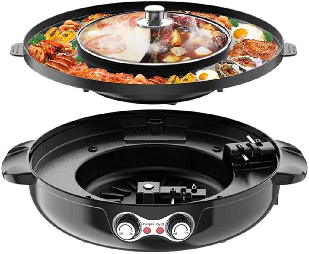 Electric Grill Hot Pot,Smokeless Barbecue Machine,Non-Stick Multi-Purpose Shabu Pot with Divider,Separate Dual Temperature Contral,Black (Color : Black)