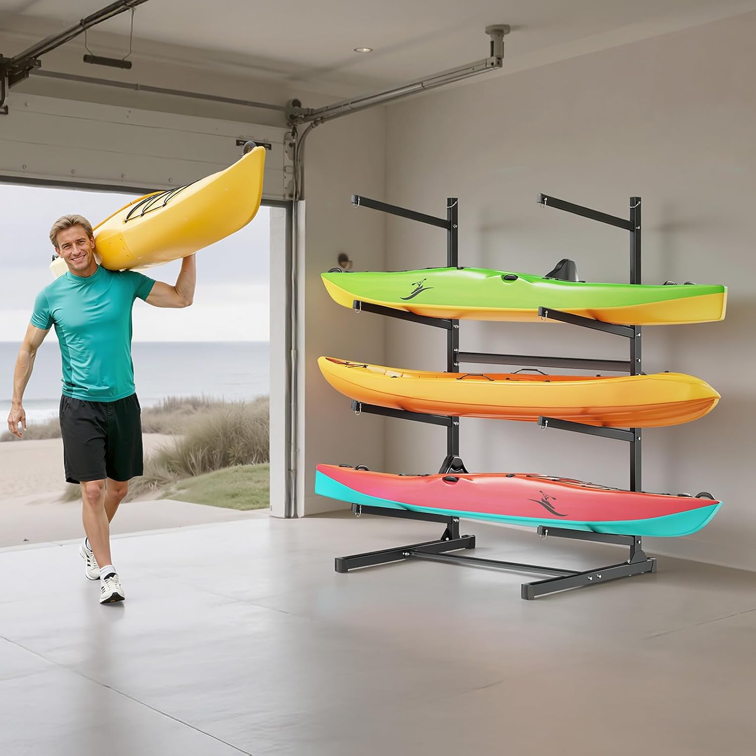 VEVOR Kayak Storage Rack, Heavy Duty Adjustable Freestanding Stand with Lockable Wheels for Indoor Outdoor Garage Shed Dock, Holder for Canoe, SUP, Surfboard & Paddleboard
