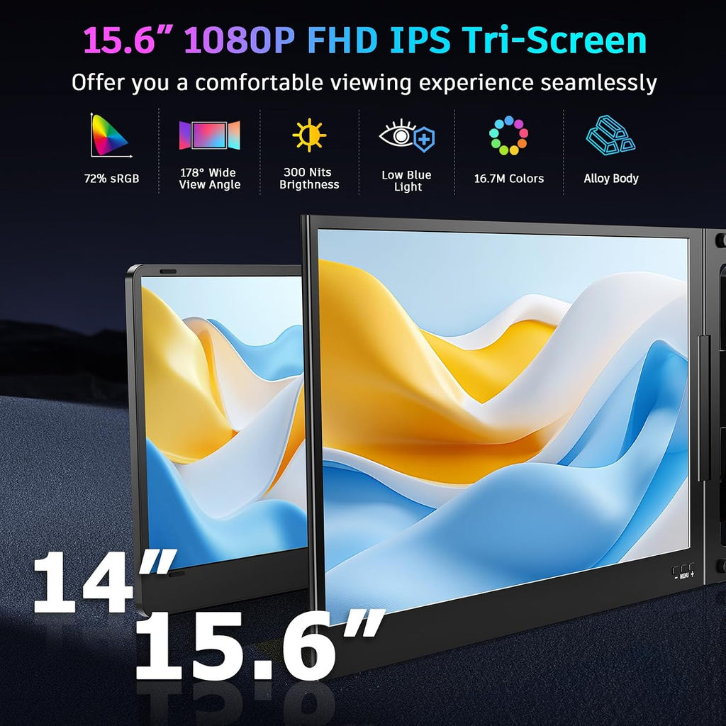 QQH 15.6' Laptop Screen Extender, 1080P Triple Portable Monitor for Laptop with Ultra-Slim IPS Display, USB-C Plug and Play Extended Screen Compatible with MacOS, Windows, Android for 12-16' Laptops