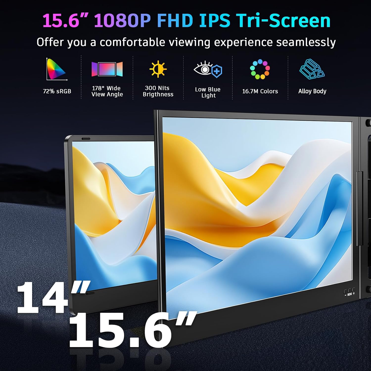 QQH 15.6' Laptop Screen Extender, 1080P Triple Portable Monitor for Laptop with Ultra-Slim IPS Display, USB-C Plug and Play Extended Screen Compatible with MacOS, Windows, Android for 12-16' Laptops