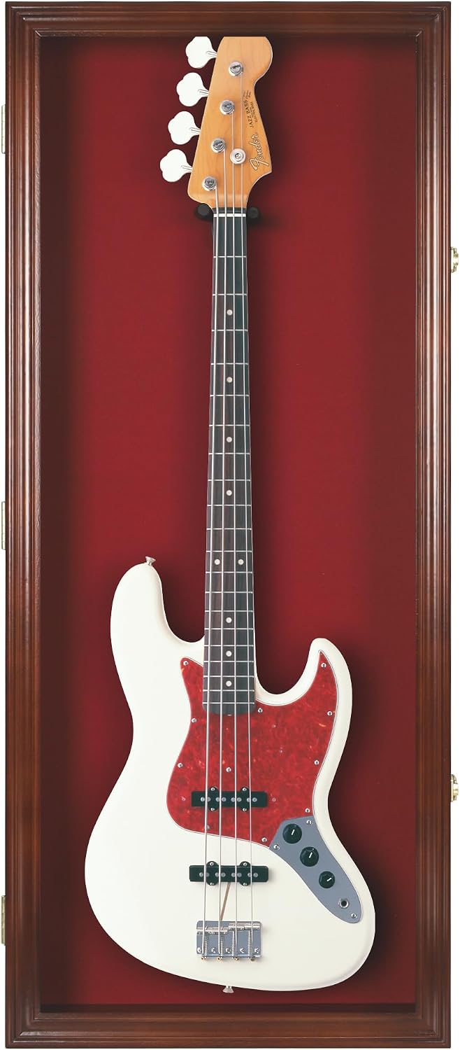 DisplayGifts 42' Electric Guitar Display Case Cabinet Shadow Box with Guitar Hanger Stand, Lockable UV Protection Red Felt Interior with Mahogany Finish Frame