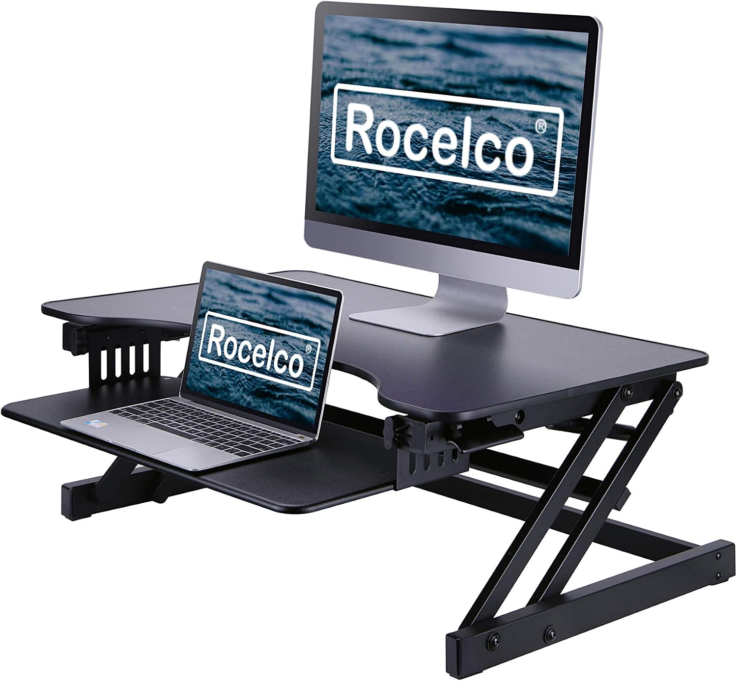 Rocelco 32' Height Adjustable Standing Desk Converter - Slide Out Retractable Keyboard Tray - Sit Stand Up Double Monitor Riser - Dual Piston Lift Assist Tabletop Computer Workstation - Black (R ADRB)