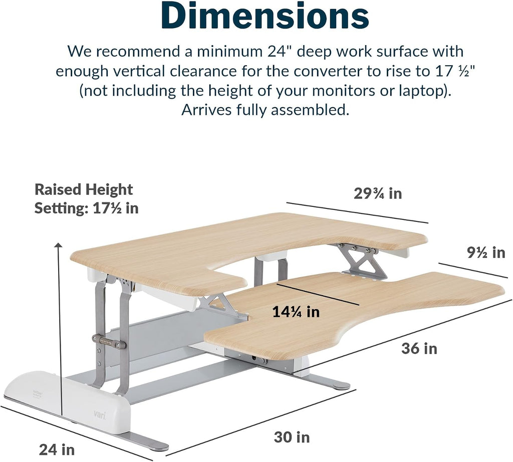 Vari VariDesk Pro Plus 36 Standing Desk Converter – 11 Height Settings + Spring Lift, 2 Tier Design, Keyboard Tray, Fits Desktops 36' Wide x 26.5' Deep – Delivers Fully Assembled (Light Wood)