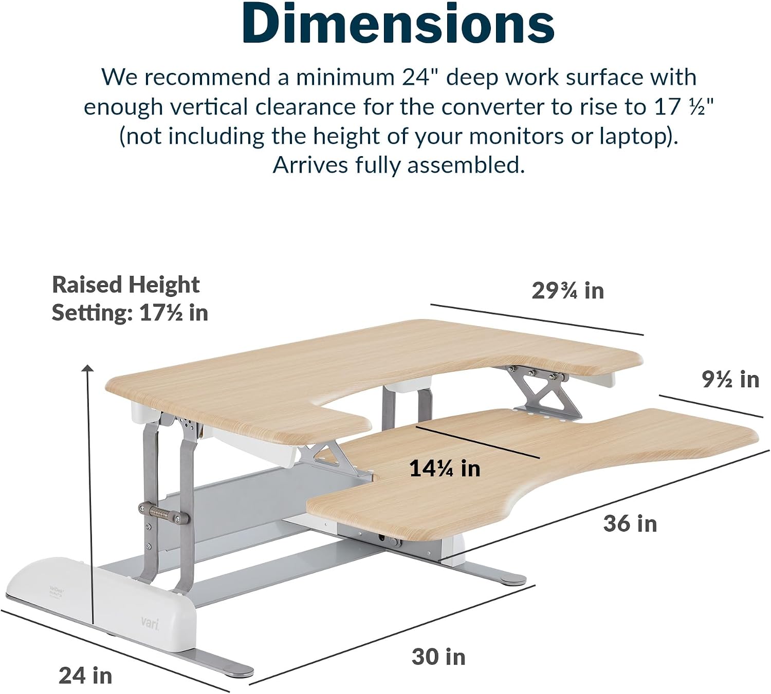 Vari VariDesk Pro Plus 36 Standing Desk Converter – 11 Height Settings + Spring Lift, 2 Tier Design, Keyboard Tray, Fits Desktops 36' Wide x 26.5' Deep – Delivers Fully Assembled (Light Wood)