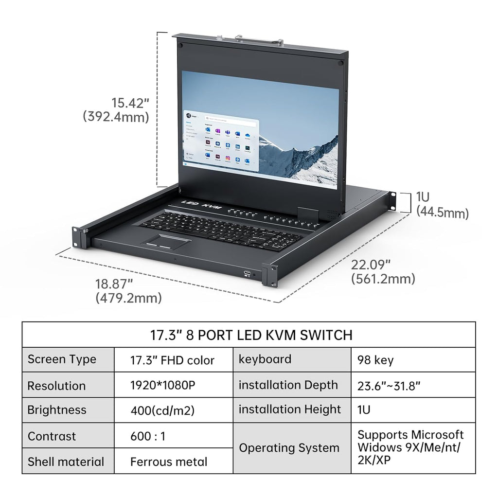 MT-VIKI® KVM Rack Mount HDMI with 17.3'' LCD Monitor, 1080P@60Hz Support OSD/Hotkey, Included 8 KVM Cables+Keyboard + Touchpad, Fit 1U 19'' Rack, Mount Depth 23.6-31.8'