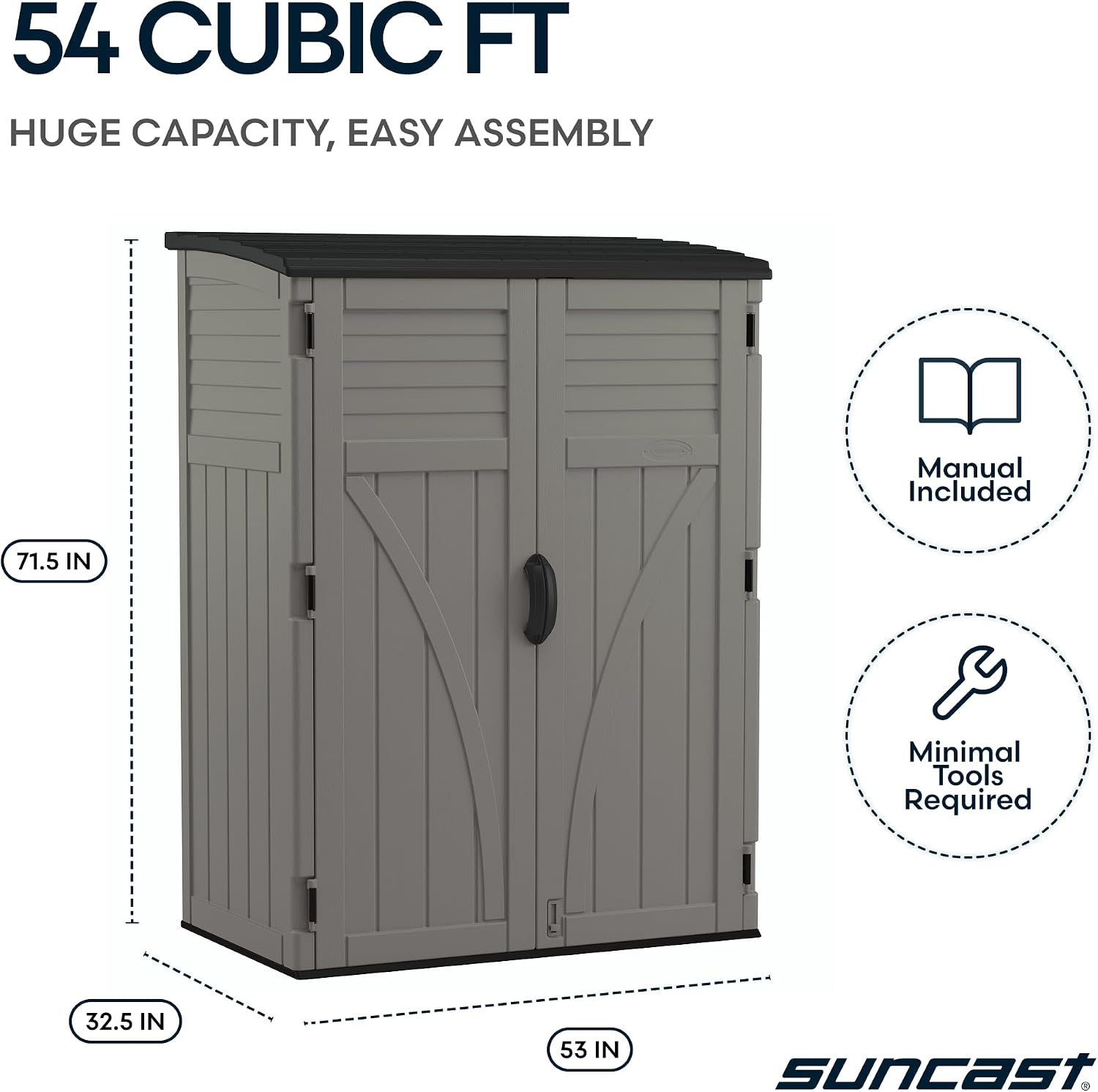 Suncast Outdoor Storage Cabinet Waterproof Resin Vertical Outdoor Storage Shed (54 cu. ft.) for Patio, Garden Tools, Cushions, & Equipment. Weatherproof Plastic Multi-Wall Design, Capacity Made in USA