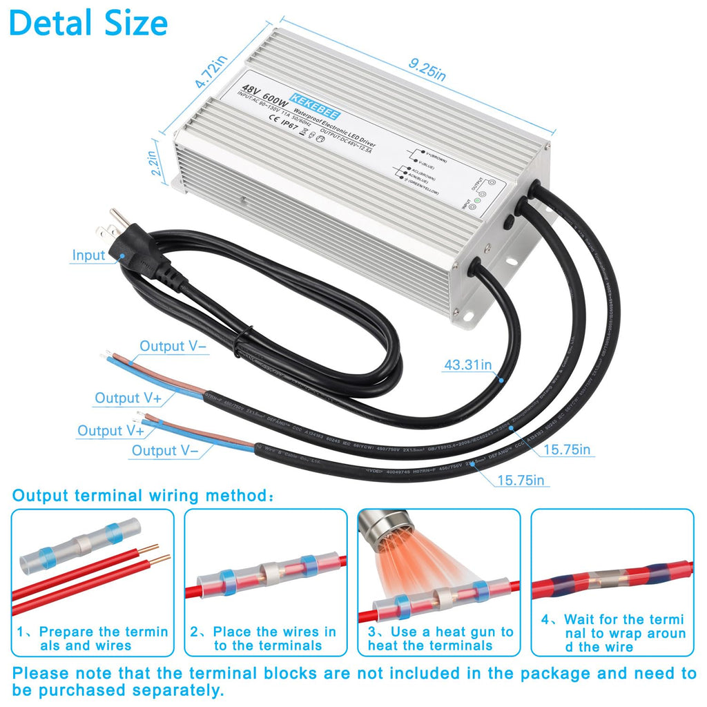 LED Driver 48V 600W Waterproof Power Supply AC90-130V to DC48V12.5A Low Voltage Converter IP67 Transformer Suitable for Indoor and Outdoor LED Lighting and Any 48V DC Device
