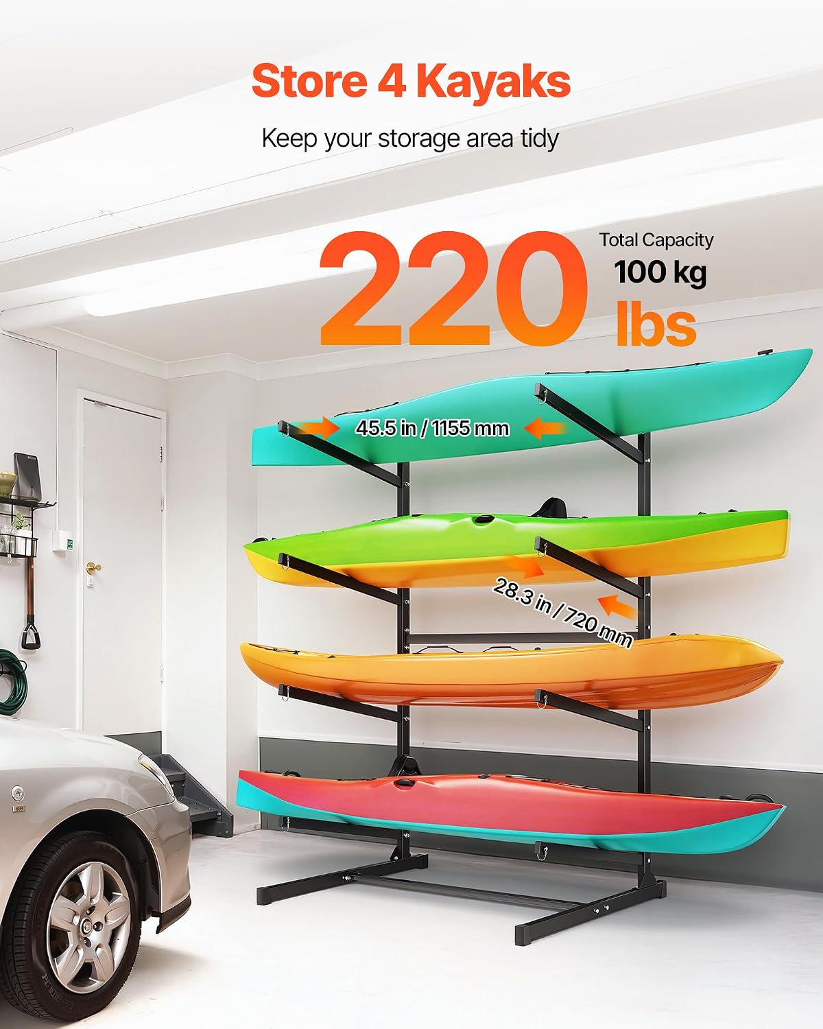 VEVOR Kayak Storage Rack, Heavy Duty Adjustable Freestanding Stand with Lockable Wheels for Indoor Outdoor Garage Shed Dock, Holder for Canoe, SUP, Surfboard & Paddleboard