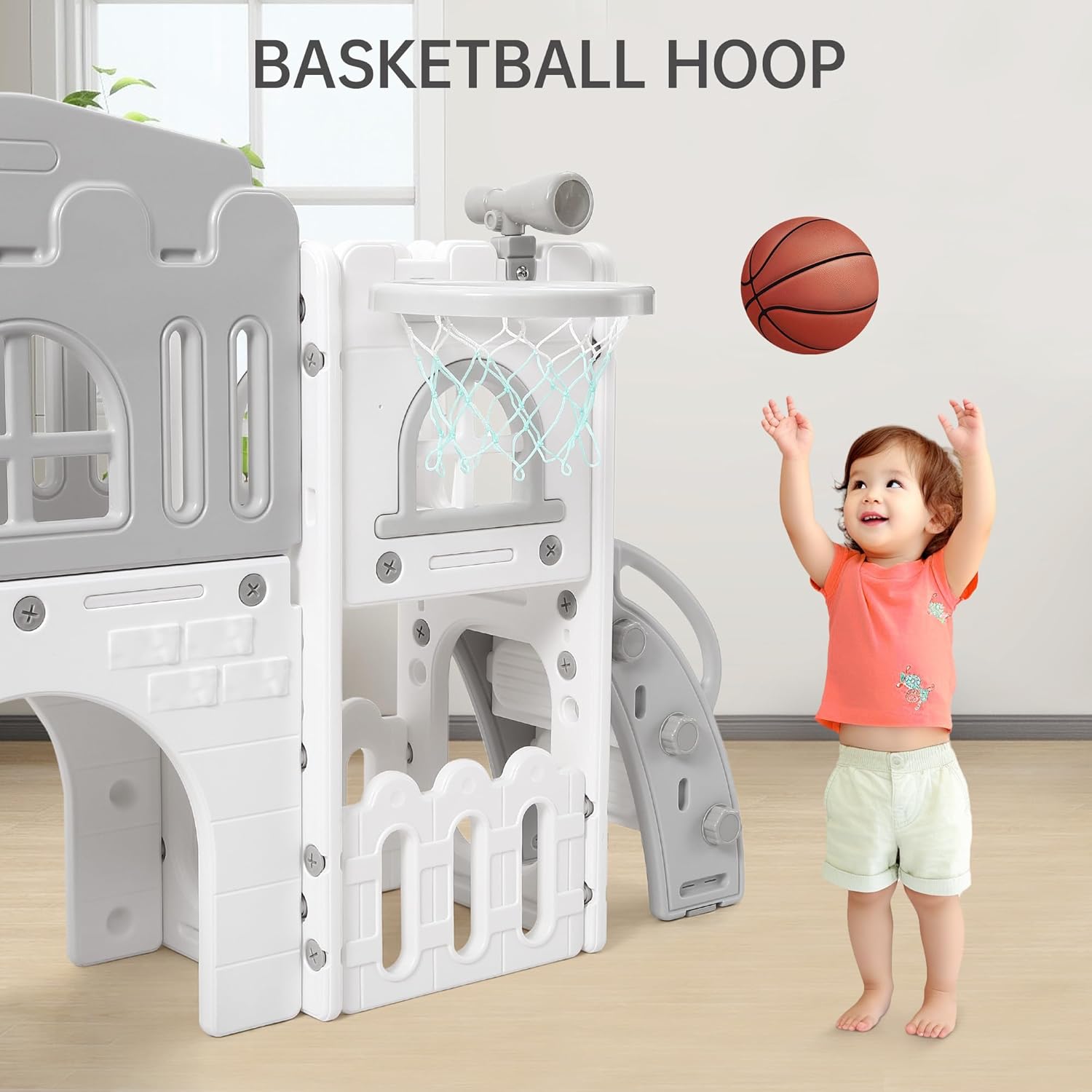 Garvee Toddler Slide 8 in 1 Toddler Playset for Toddlers Age 1-3, Baby Playset for Indoor Outdoor Playground with Climber, Crawling Tunnel, Basketball Hoop, Telescope, Toy Storage