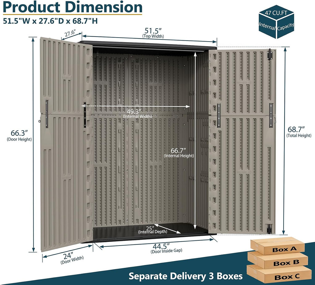 HOMSPARK 57 Cu.Ft Outdoor Storage Shed Weather Resistant, Multi Functional | Double-Wall Resin Storage Sheds & Outdoor Storage Box Waterproof for Backyard Garden Patio Lawn (Brown)