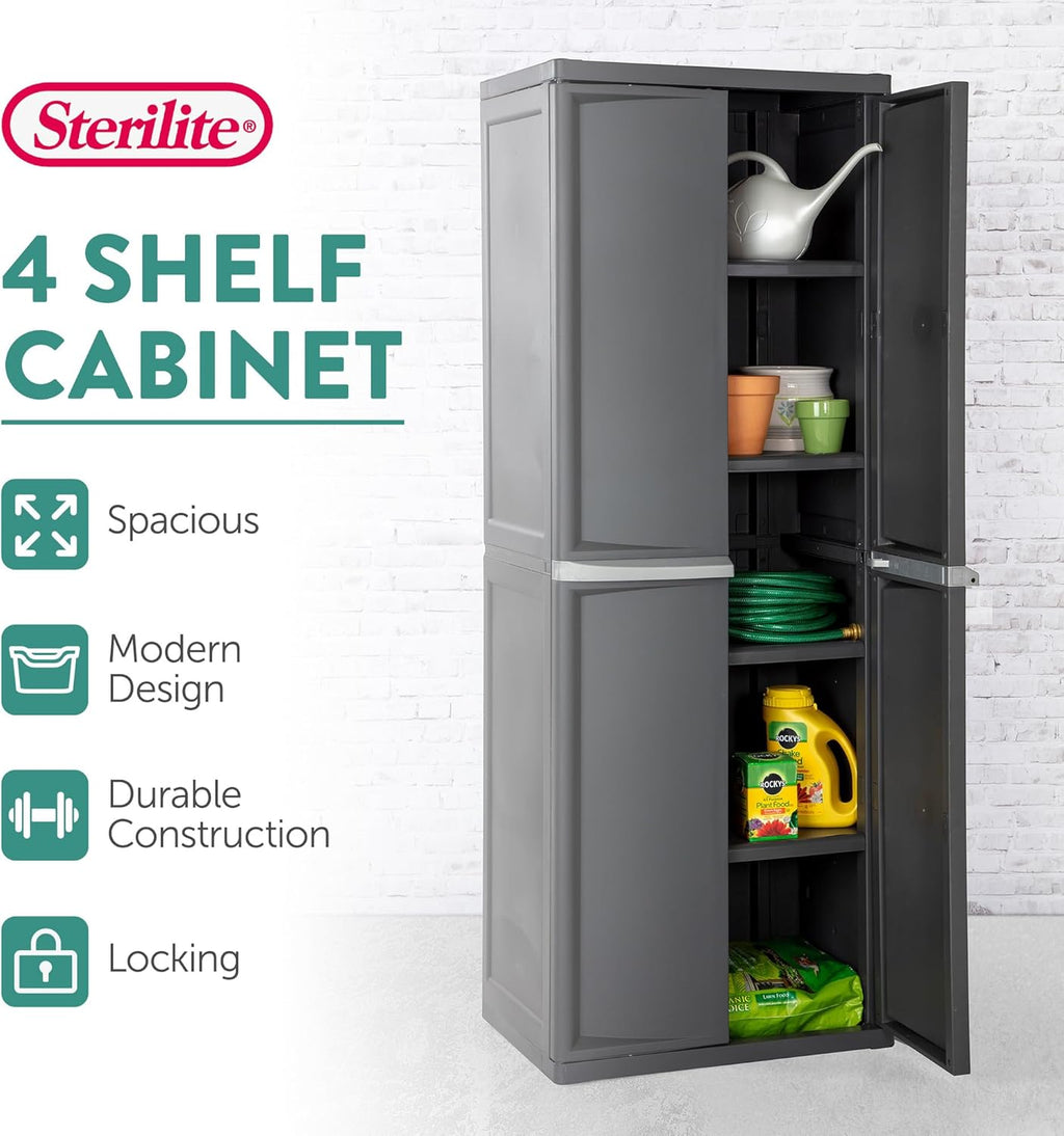 Sterilite 4 Shelf Cabinet, Heavy Duty and Easy to Assemble Plastic Storage Unit, Organize Bins in the Garage, Basement, Attic, Mudroom, Gray, 1-pack
