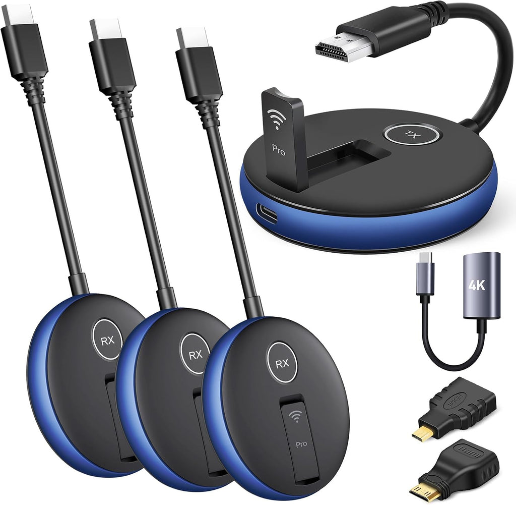 Wireless HDMI PRO- One Transmitter and Three Receiver, Wirelessly Multi-TV Extender Kit, Heat-Control, Plug and Play, 165FT/50M 2.4G/5.8G @60Hz, Stream Video/PPT from Laptop to Multiple HDTV/Monitor