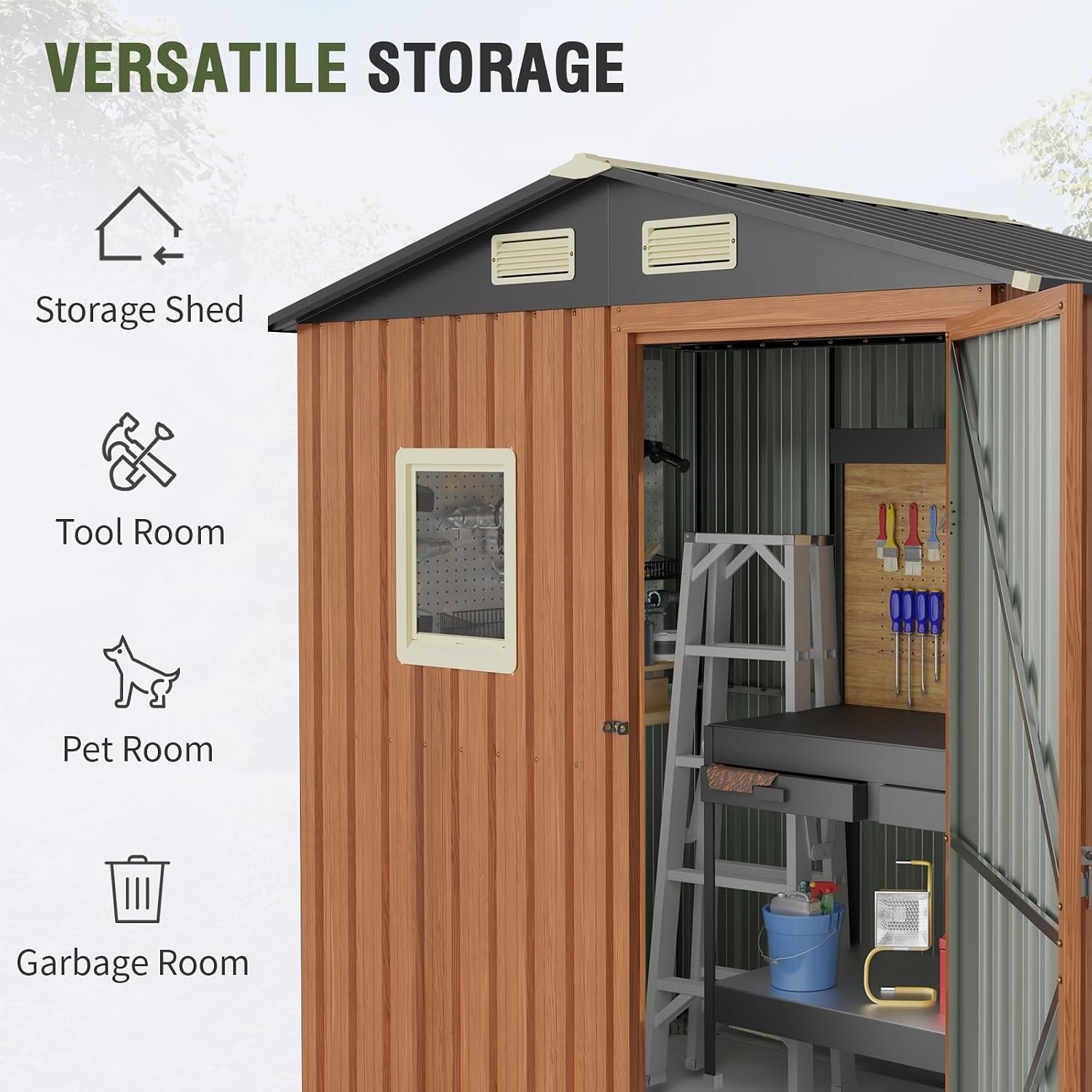 Outdoor Storage Shed 6x4 Ft, Lockable Metal Garden Shed with Floor Base, Tool Shed Tiny House Vertical Outside Storage Building for Backyard, Lawn, Patio, Bike (6x4 FT/Base)
