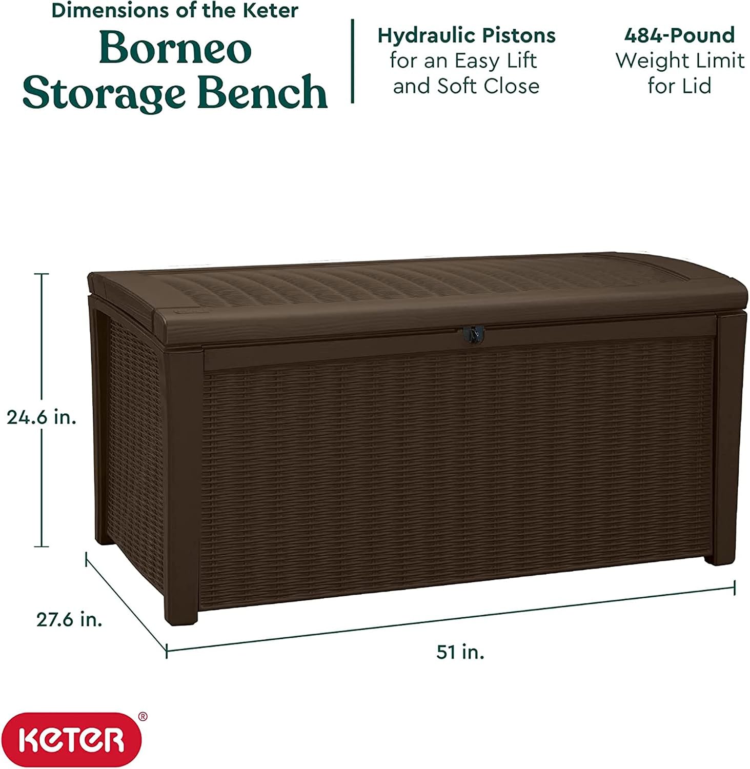 Keter Borneo 110 Gallon Resin Deck Box - Organization and Storage for Patio Furniture, Outdoor Cushions, Throw Pillows, Garden Tools and Pool Toys, Brown