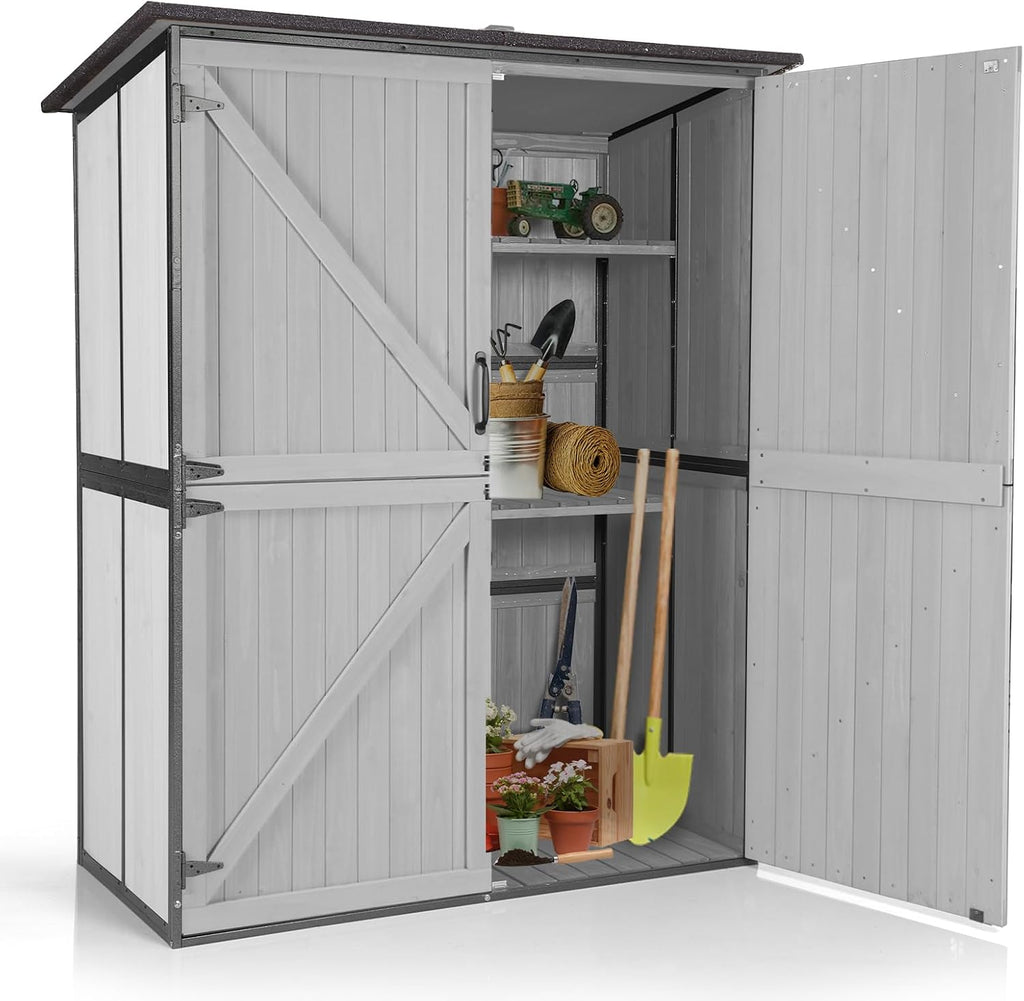 Aivituvin Storage Shed Outdoor Storage Cabinet Upgraded with All Arounded Metal Frame, Wooden Floor and Adjustable Shevels 55' L x 29' W x 67' H, Off-White