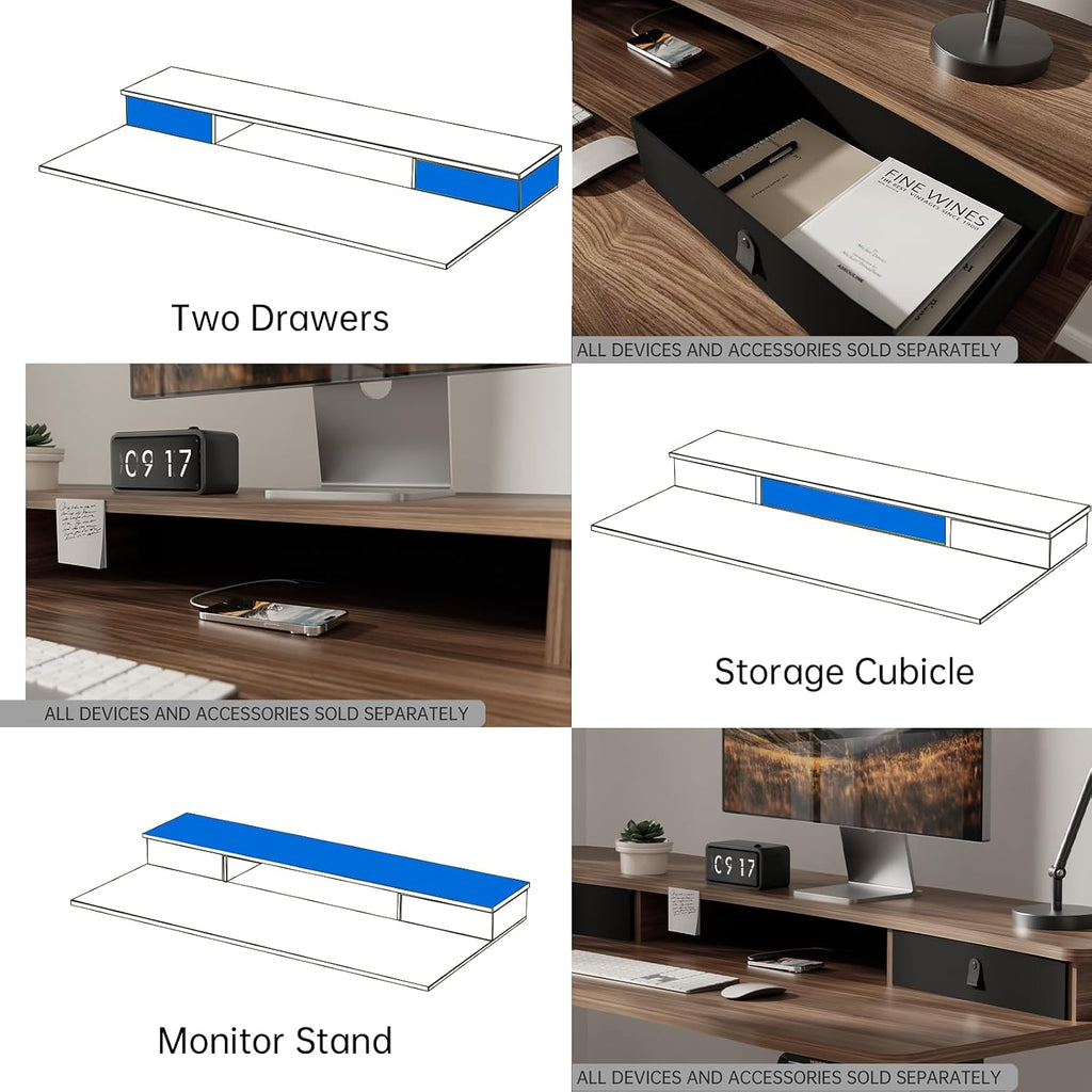 HUANUO 55' x 26' Electric Standing Desk with 2 Drawers, C-Clamp Mount Compatible, Height Adjustable Computer Desk, Home Office Stand Up Desk with 4 Preset Heights & 2 Hooks, Walnut