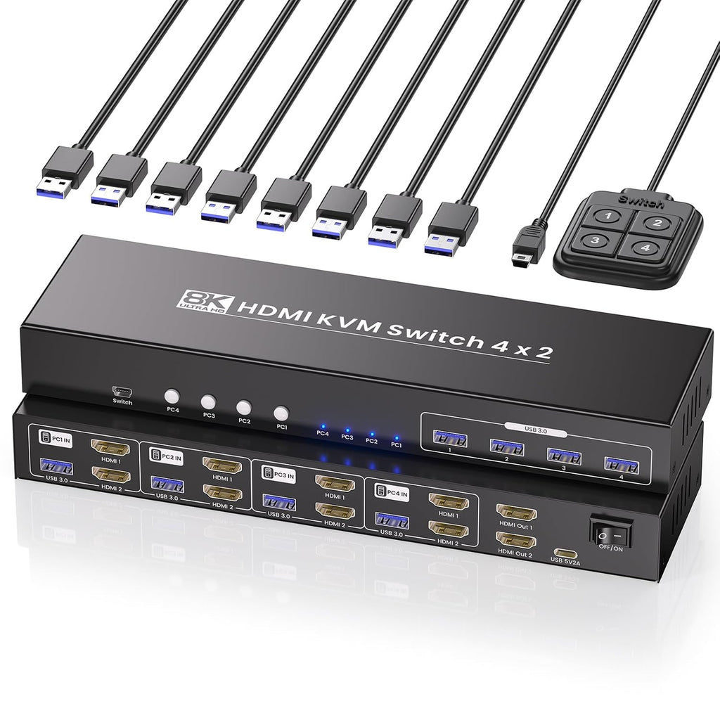 Dual Monitor HDMI KVM Switch, 8K60Hz 4K120Hz KVM Switch 2 Monitors 4 Computers for 4 PCs Management with 1 Set of Keyboard and Mouse, 4-Port USB 3.0 Sharing