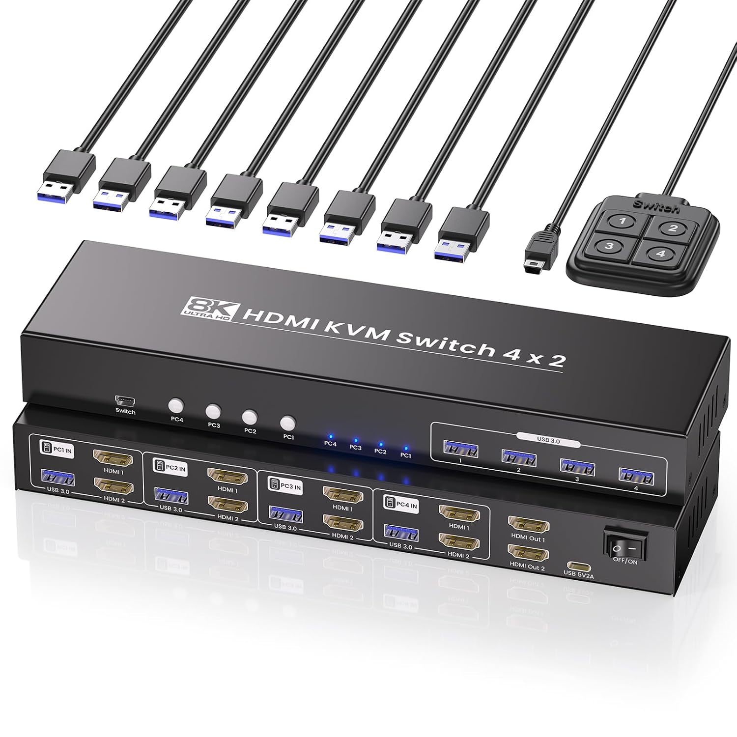 Dual Monitor HDMI KVM Switch, 8K60Hz 4K120Hz KVM Switch 2 Monitors 4 Computers for 4 PCs Management with 1 Set of Keyboard and Mouse, 4-Port USB 3.0 Sharing