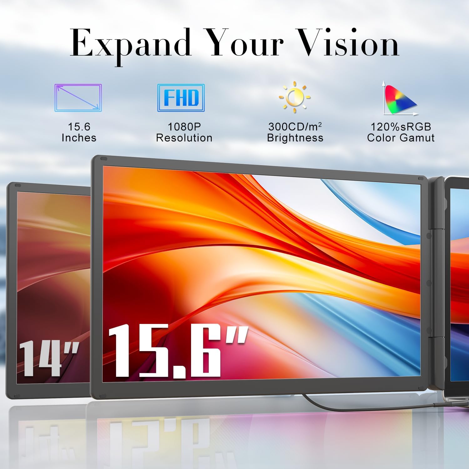 Teamgee 15.6' Laptop Screen Extender with Power Bank, FHD 1080P IPS Triple Monitor, HDMI/USB/Hub Plug-Play Display, Fits 13-17' Laptops (Mac/Windows/Android), Ideal for Home Office/Small Business