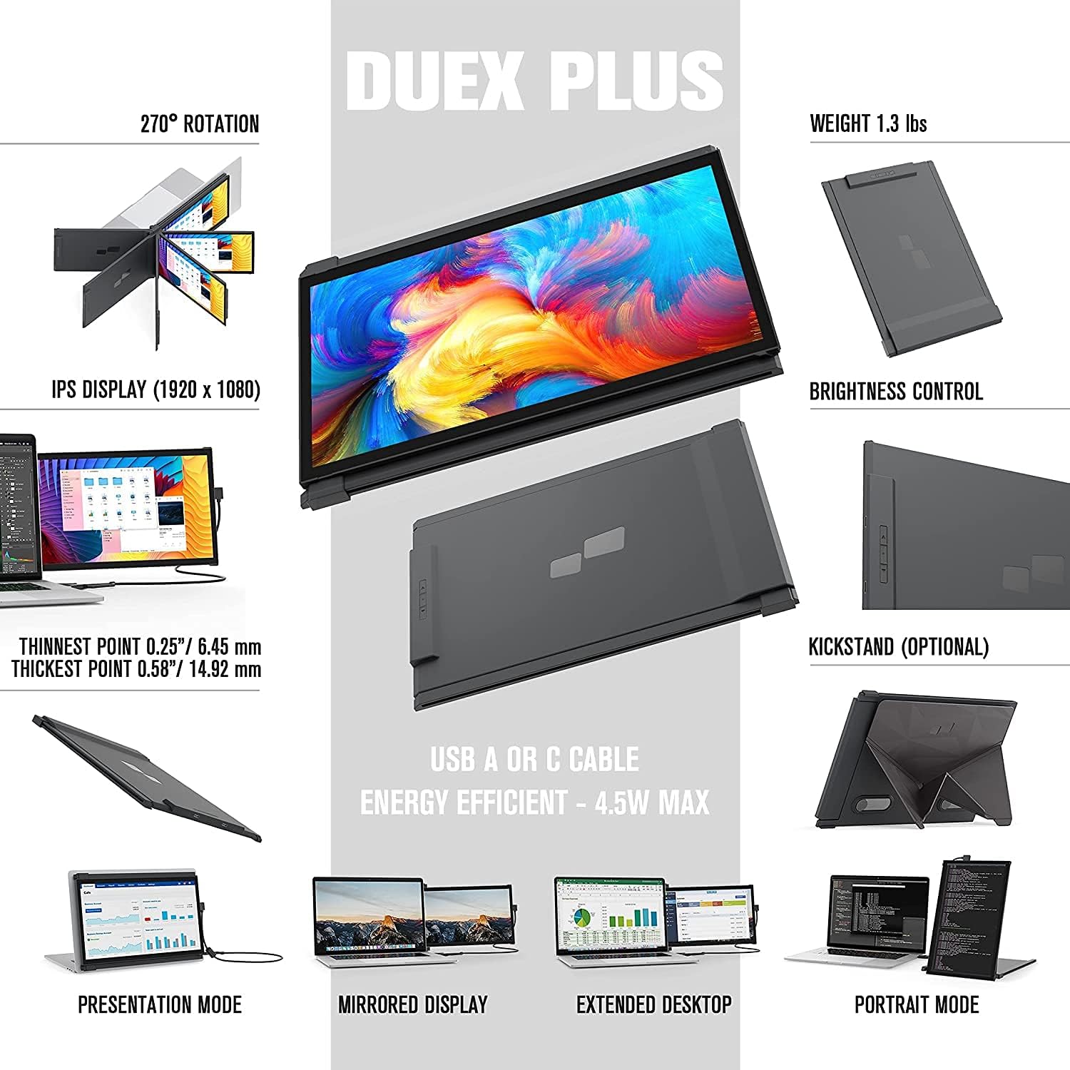 Mobile Pixels Duex Plus Portable Monitor for Laptops, USB C/USB A Plug and Play 13.3' Laptop Screen Extender