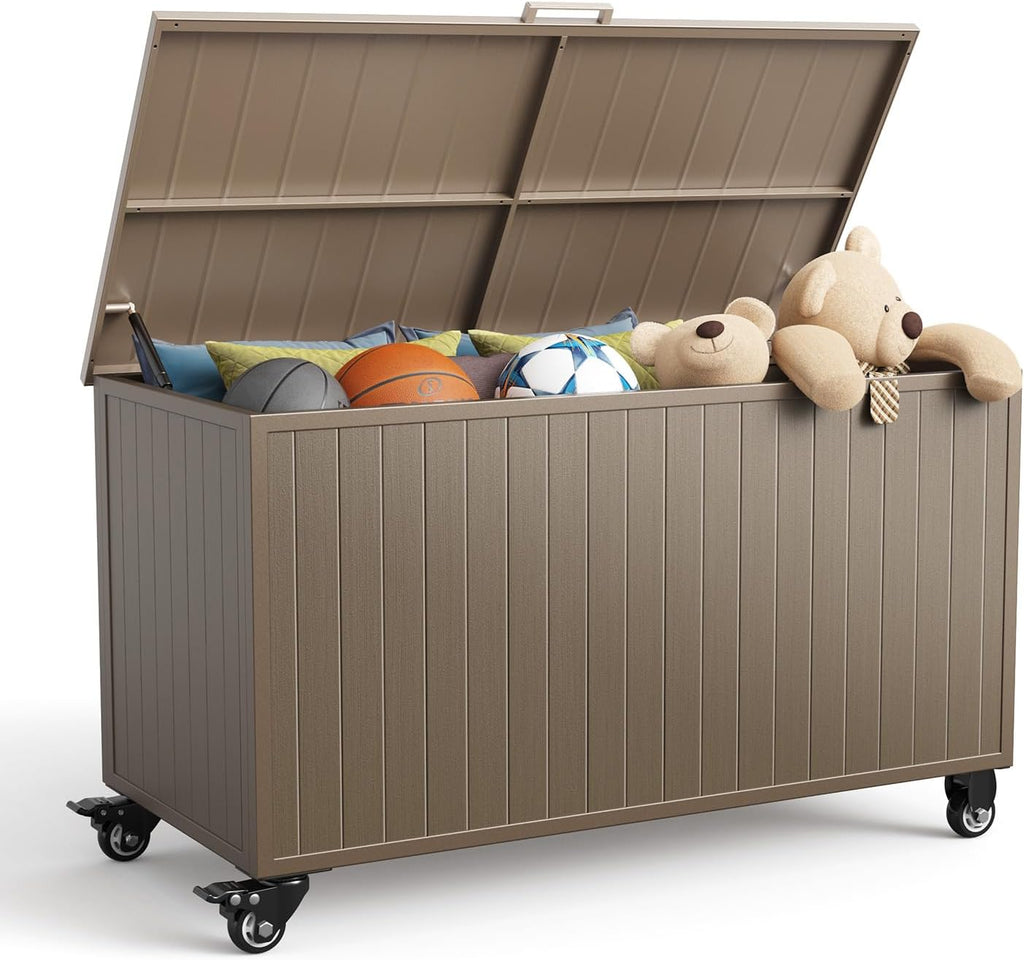 Outdoor Storage Box with Wheels 150 Gallon, Mobile Aluminum Deck Boxes Outdoor Waterproof, UV Resistant Patio Storage Box with Lid for Patio Furniture, Garden Tools, Outdoor Cushion (Brown)