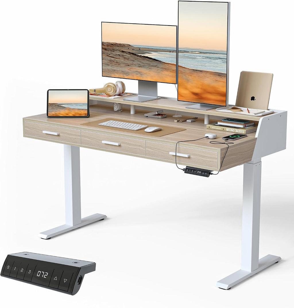 FEZIBO 55x26 Inches Standing Desk with 3 Wooden Drawers and Monitor Shelf, Height Adjustable Computer Desk, Ergonomic Rising Home Office Desks, Sit Stand Up Electric Workstation Table, Light Walnut