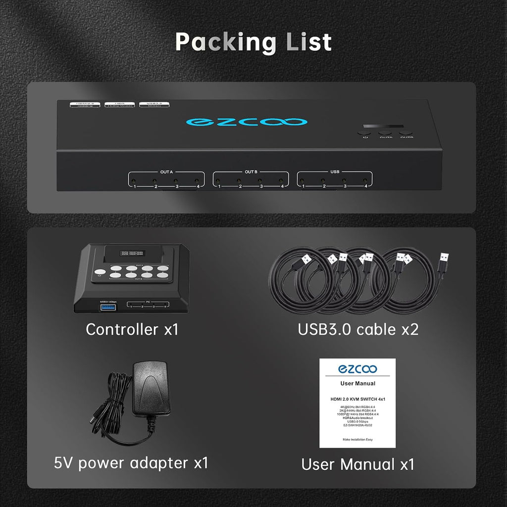 4K@60Hz HDMI 2.0 KVM Switch 4x1 for 4PC Share 2 Displays and 4 USB 3.0 Ports SPDIF L/R Audio,Copy/Extended Mod compatibile with Windows, Unix and Mac OS X