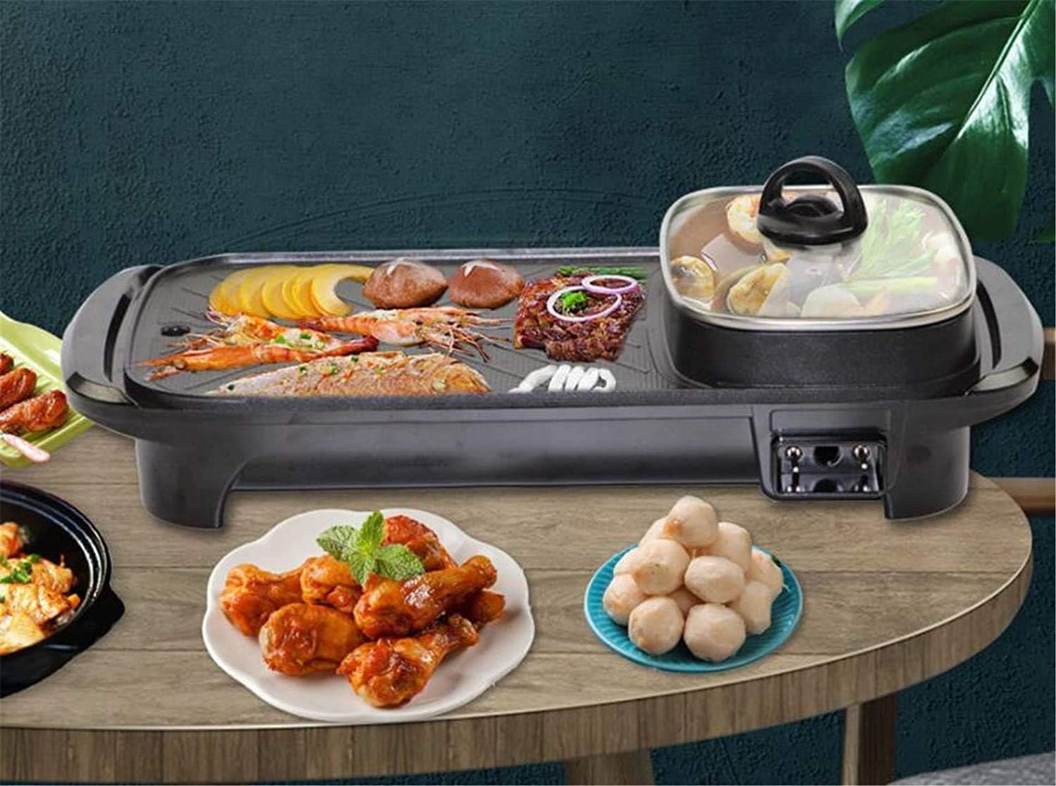 Smoke Free Electric Grill, 2-In-1 Electric Grill Grill Smokeless Indoor Machine for 6 People for Cheese, Thermostat Control, Non-Stick Material, Easy To Clean 1360 Watts