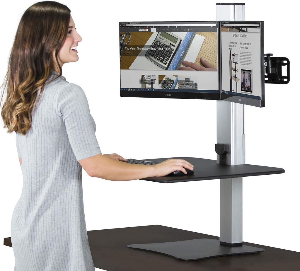 Victor Dual Monitor Electric Standing Desk Workstation, Height Adjustable Sit-Stand Converter with Dual Monitor Support, 28″ x 23″ Work Surface (DC450)