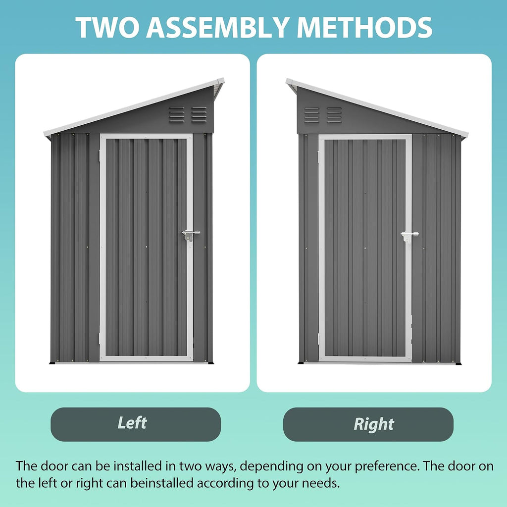 YOPTO 4x8 FT Outdoor Storage Shed with Floor Frame,Metal Shed W/Left/Right Optional Lockable Door,Heavy-Duty Garden Tool Storage House W/ 4 Air Vents & Sloping Roof,for Backyard,Patio,Lawn,Gray