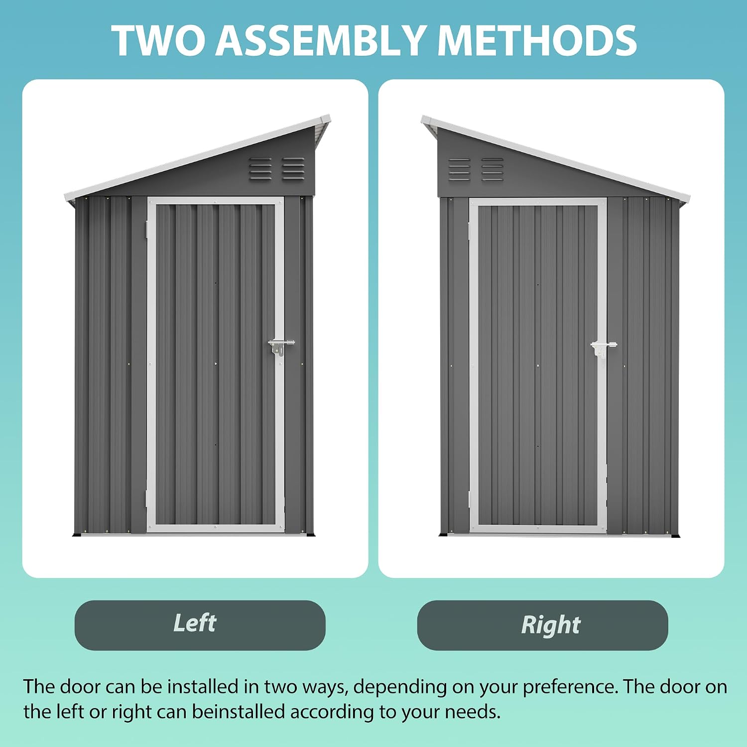 YOPTO 4x8 FT Outdoor Storage Shed with Floor Frame,Metal Shed W/Left/Right Optional Lockable Door,Heavy-Duty Garden Tool Storage House W/ 4 Air Vents & Sloping Roof,for Backyard,Patio,Lawn,Gray