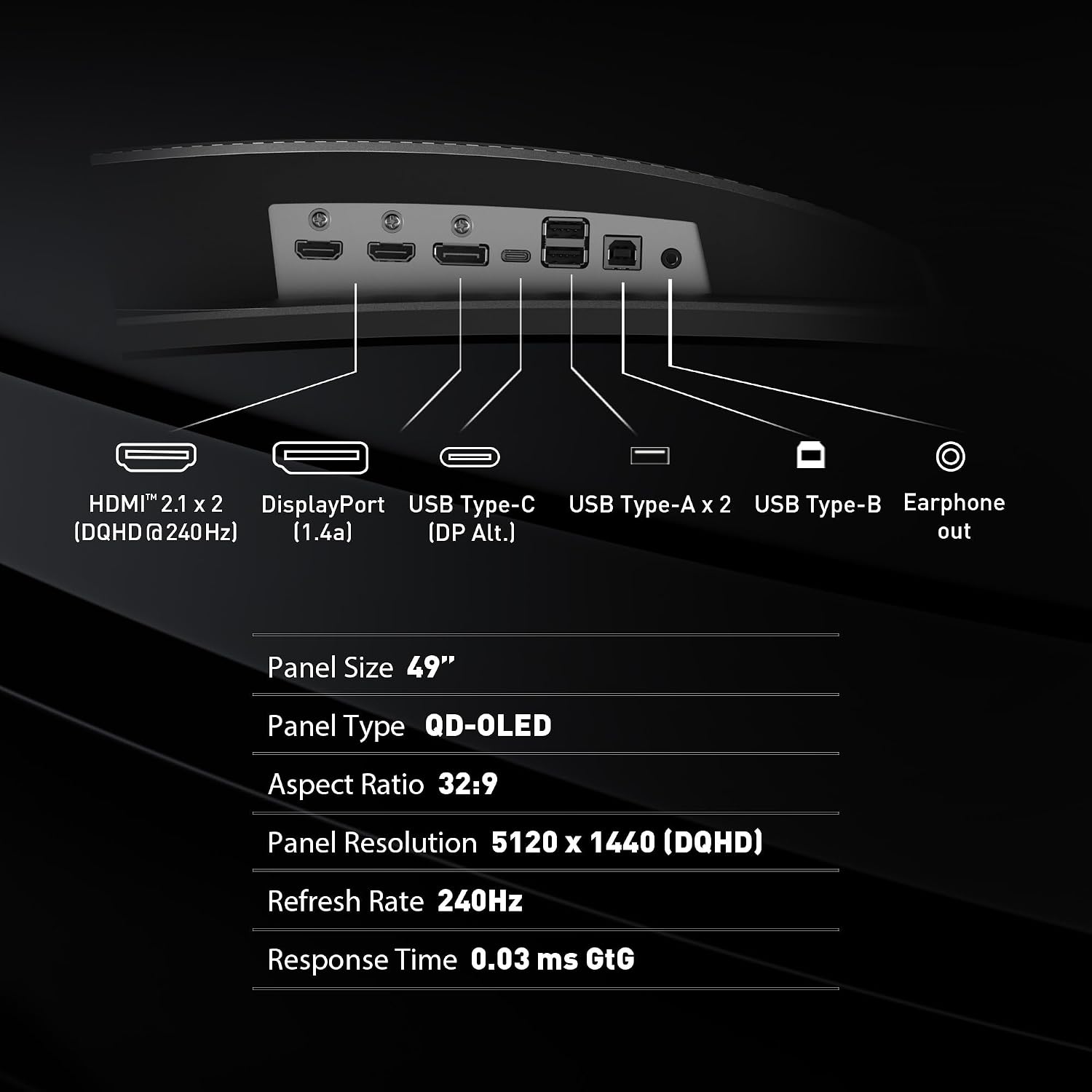 msi MPG 491CQPX QD-OLED 49-inch QD-OLED 5120 x 1440 (DQHD) Computer Monitor, 240Hz, Adaptive-Sync, HDMI, Display Port, VGA Port, VESA Mountable, Tilt, Height Adjustable, Speaker, 0.03ms, Black