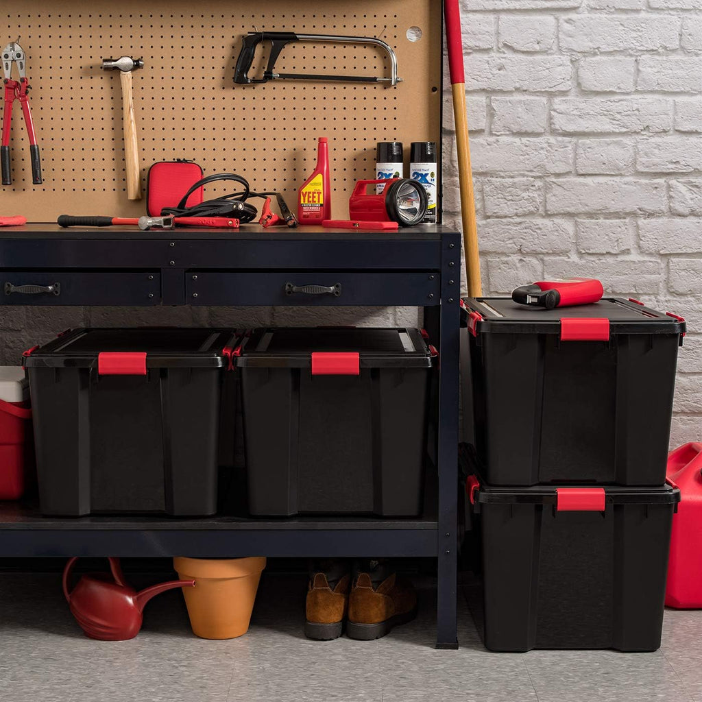 IRIS USA WeatherPro 74 Qt Storage Bins with Lids, 3 Pack, BPA-Free Plastic Gasket Box with Tight Latch and Seal, Stackable Nestable Tote Tub - Black/Red
