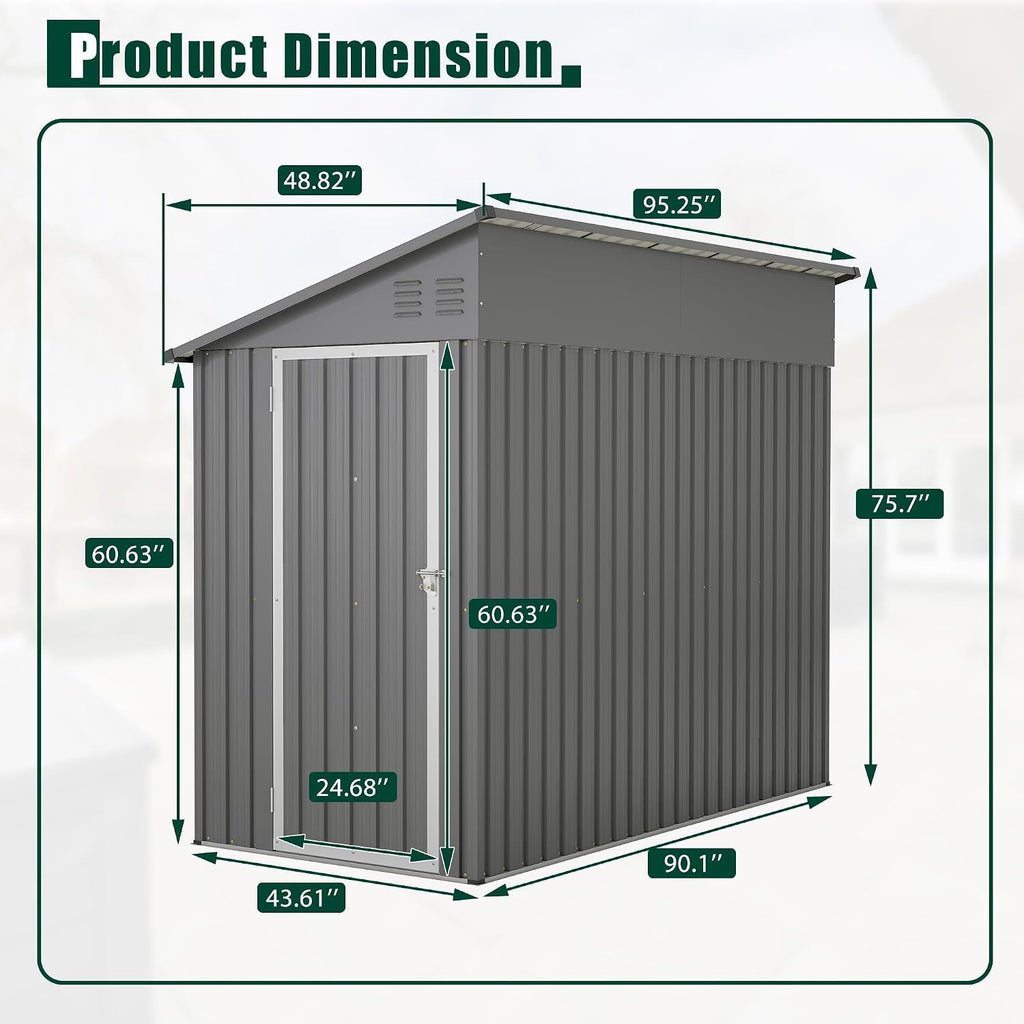 YOPTO 4x8 FT Lean to Metal Shed,Outdoor Storage Shed W/Floor Frame & Reversible Installation,All Weather Waterproof Garden Tool House W/Lockable Door & 2 Air Vents,for Backyard,Patio,Lawn,Gray
