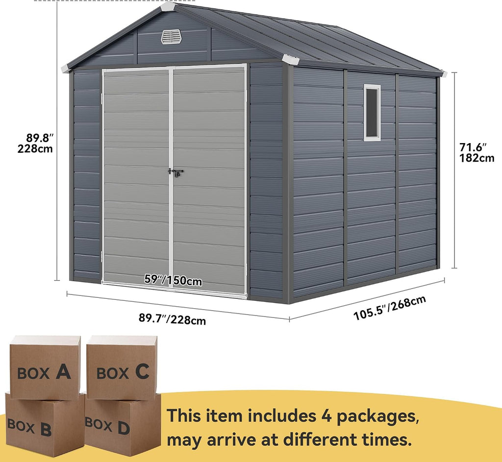DWVO 8x9FT Outdoor Storage Shed w/o Floor, All-Weather Plastic Shed with Window, Lockable Doors & Vents, Plastic Tool Shed for Backyard Patio Lawn, Gray