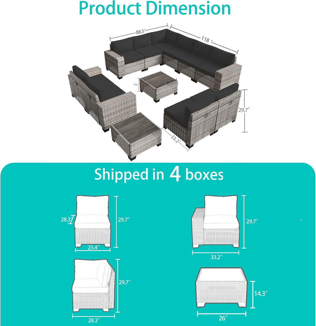 12-Piece Outdoor Patio Furniture Set Wicker Sectional Sofa Set, Patio Conversation Set with Thickened Cushions & Coffee Table for Garden, Backyard, Poolside, Dark Grey
