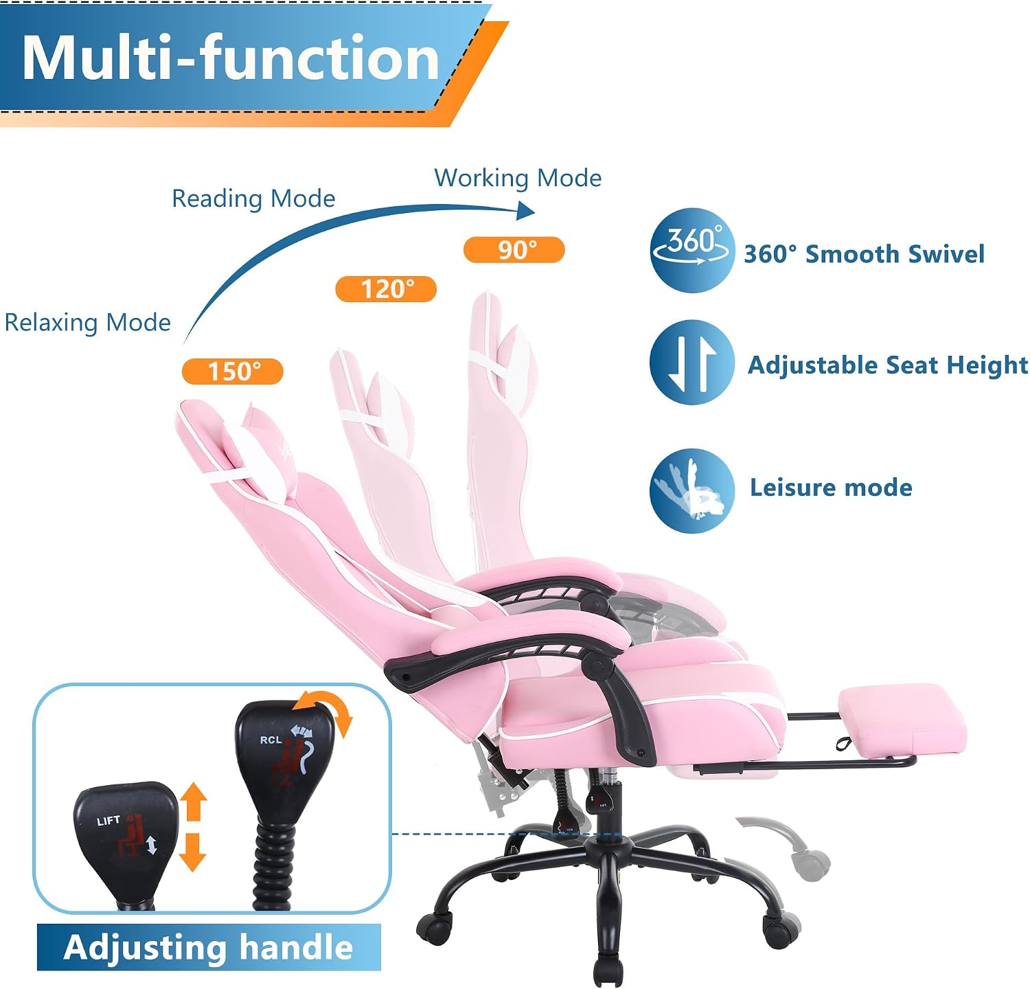 PayLessHere Ergonomic Racing Desk Chair Computer Chair Gaming Chair with Footrest Lumbar Support Headrest Armrest Task Rolling Swivel Ergonomic E-Sports Adjustable PC Gamer Chair (Pink)