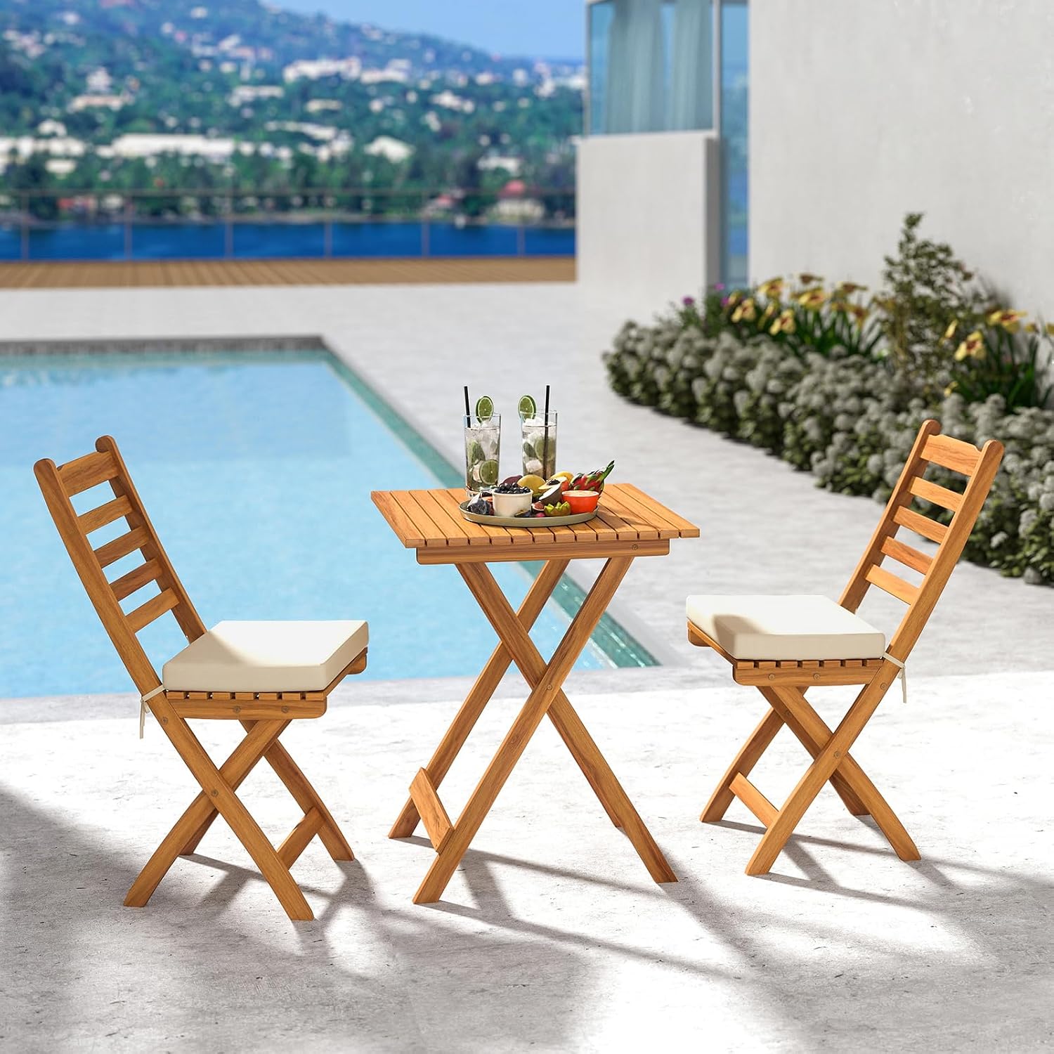 HAPPYGRILL 3-Piece Folding Bistro Set Acacia Wood Patio Furniture Set with Seat Cushions, Outdoor Square Table and Chairs Set of 2 for Backyard, Balcony, Porch, Garden (Back Style A)