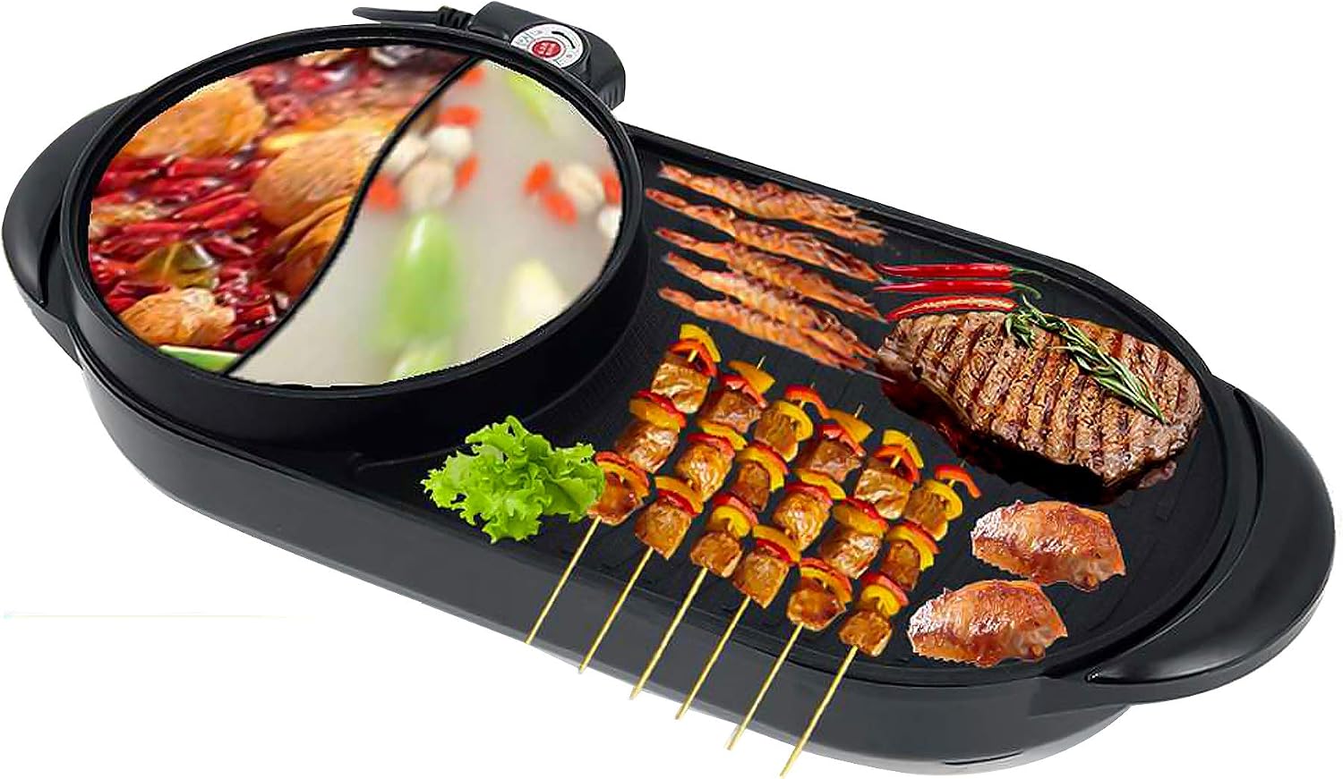Electric 2 in 1 Grill Indoor Hot Pot Multifunctional Teppanyaki Grill/Shabu Shabu Pot Smokeless with 5 Level Temperature for Family Gathering, Party Indoor/Outdoor.